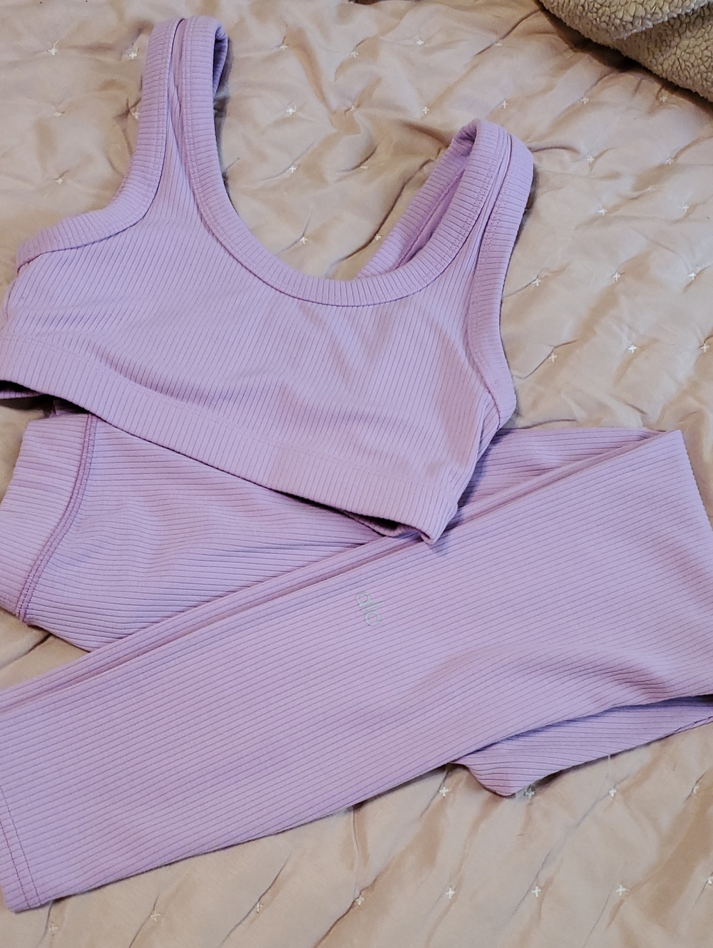 ALO Yoga Lavender Ribbed Sports Bra and Leggings Set